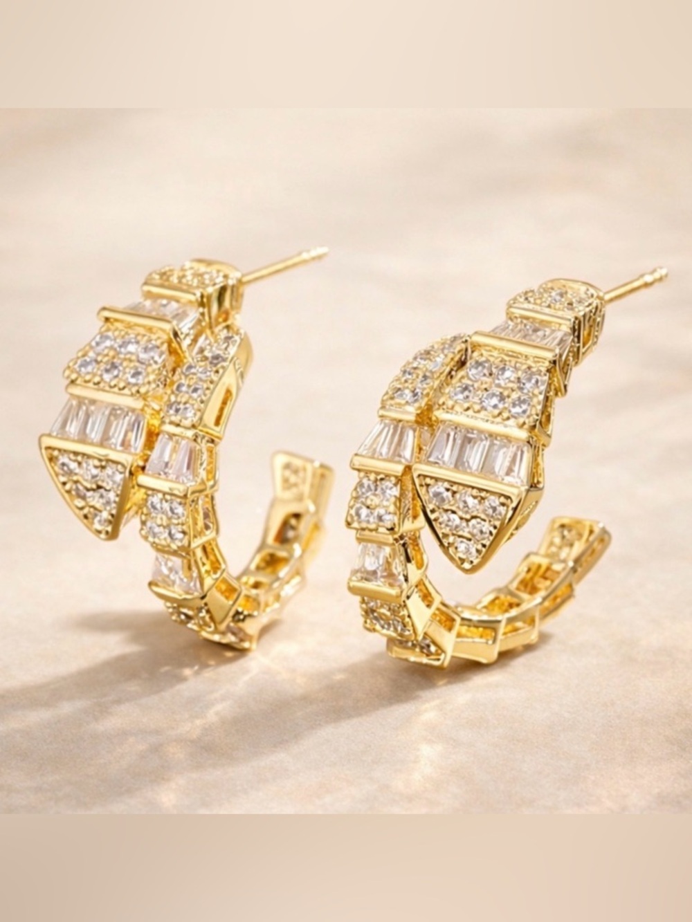 Serpenti Gold Hoop Earrings | Baguette & Pave Crystals